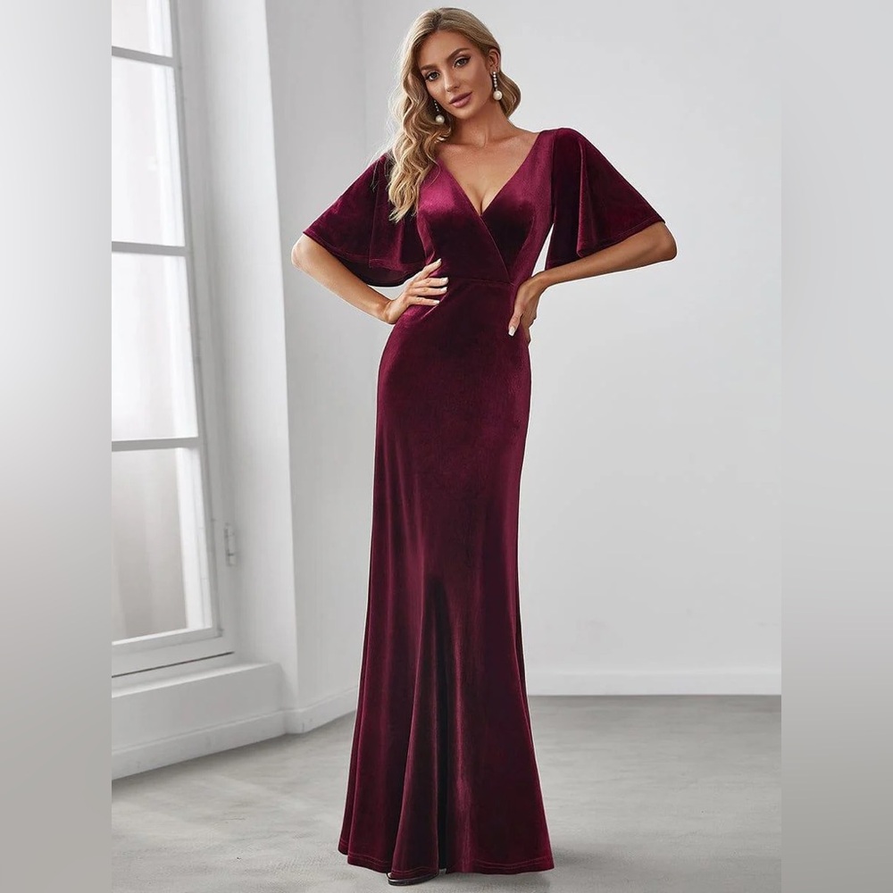 Ever Pretty Burgundy Velvet Double V Neck Maxi Bridesmaid Dress